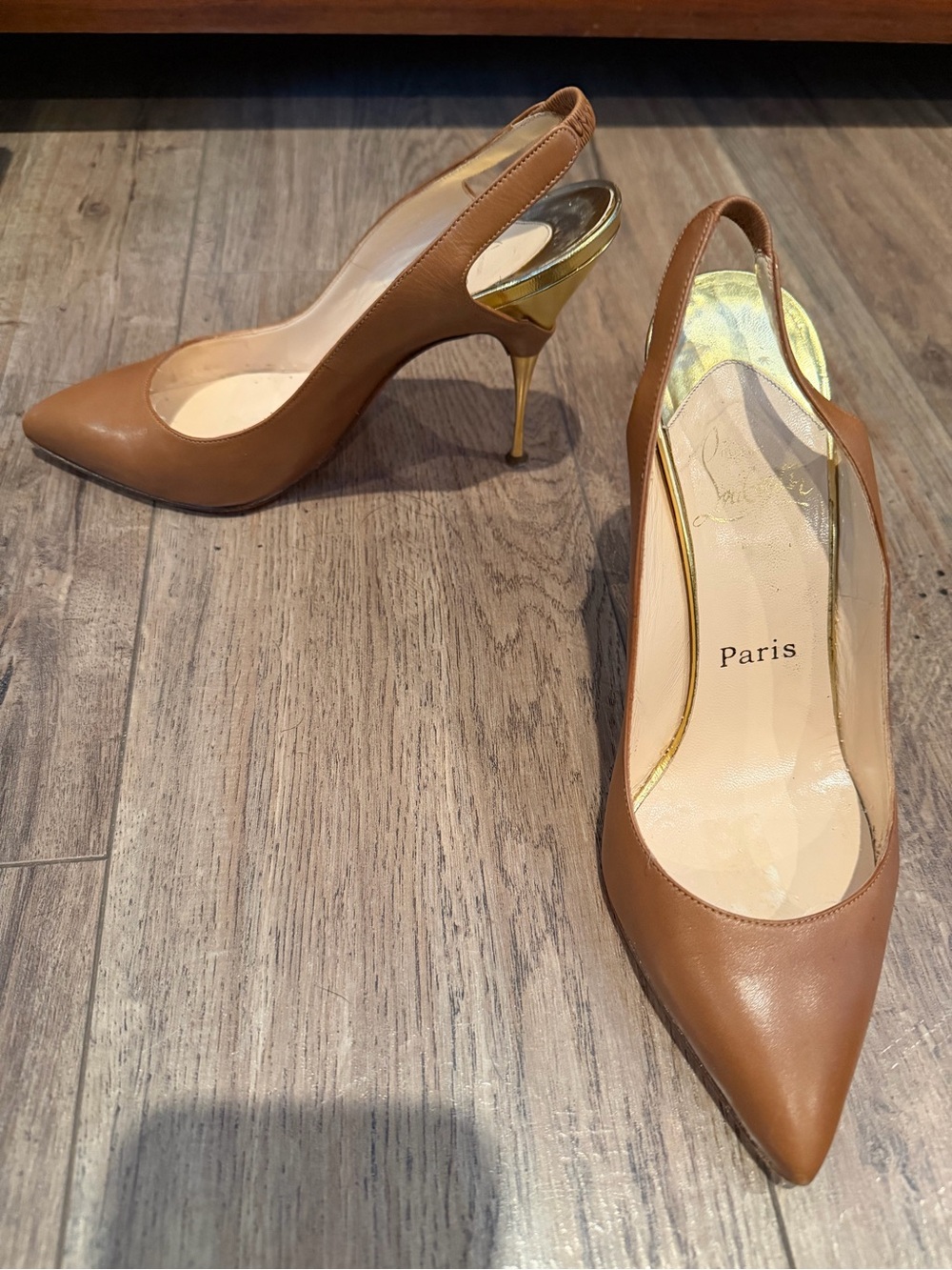 Christian Louboutin Tan Leather Pointed-Toe Slingback Pumps with Gold Heel